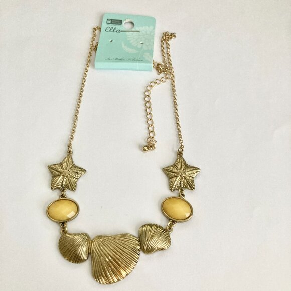 Gold Sea Shell Starfish Bib Necklace Plated Sea Life Island Nautical Beach 20" - Picture 11 of 14